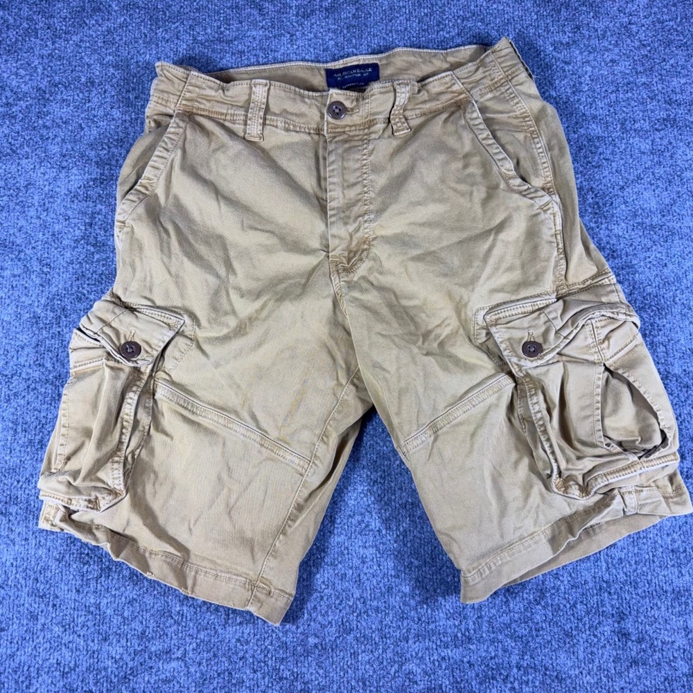 American Eagle Mens Extreme Flex Cargo Shorts Khaki Tan Longer Length Size 33